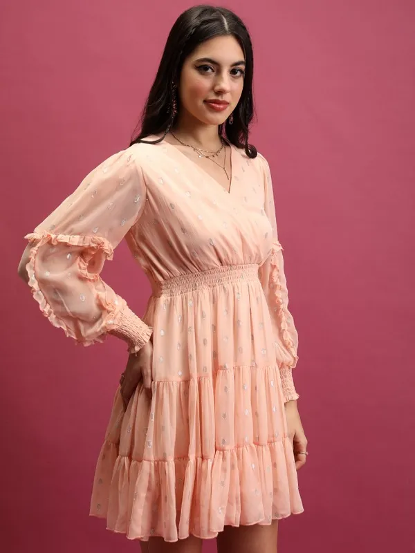 Tokyo Talkies Women Peach Self Design Wrap Dresses