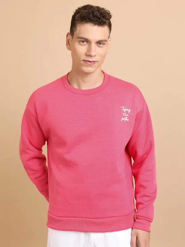  Highlander Men Pink Round Neck Pullover Sweatshirts