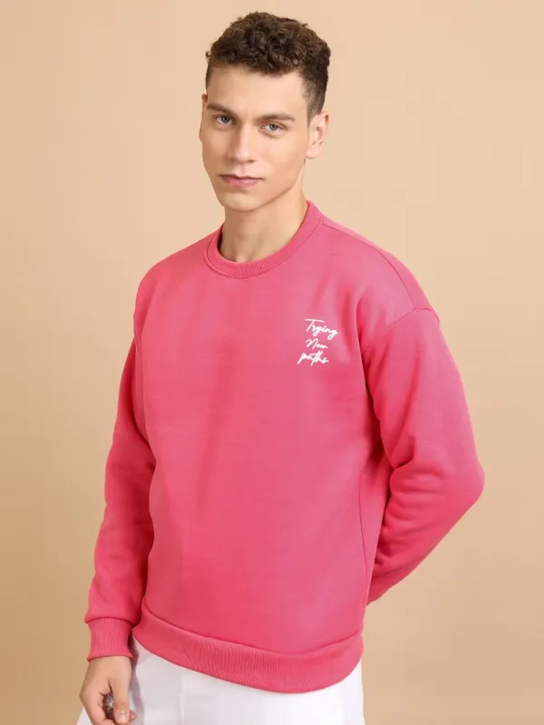  Highlander Men Pink Round Neck Pullover Sweatshirts