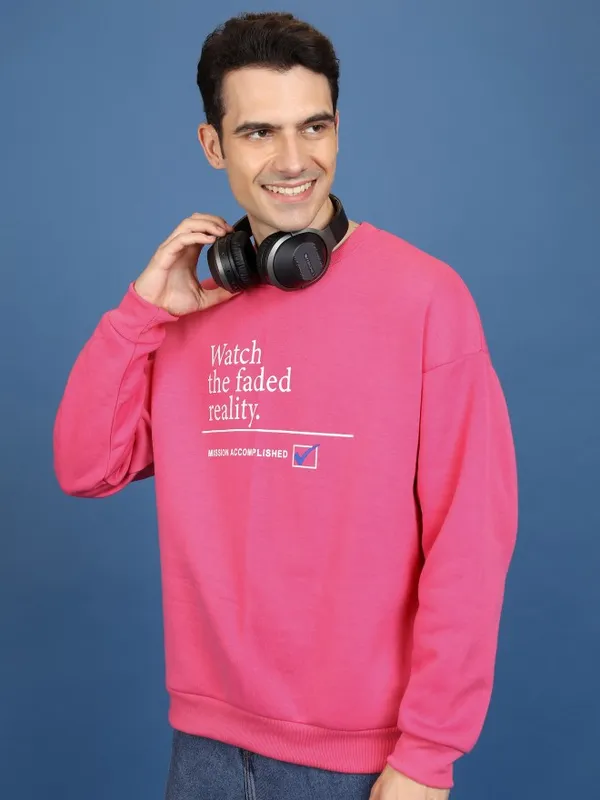  Highlander Men Pink Round Neck Pullover Sweatshirts