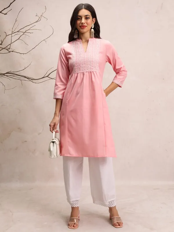  Vishudh  Women Pink Embroidered Straight Kurtas