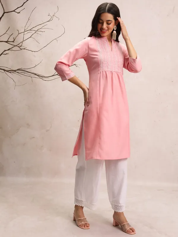  Vishudh  Women Pink Embroidered Straight Kurtas