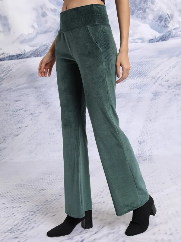  Tokyo Talkies Women Green Solid Flared Casual Trousers