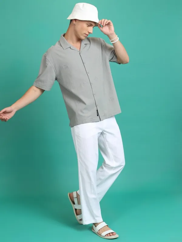 Highlander Men Grey Embroidered Oversized Fit Casual Shirt