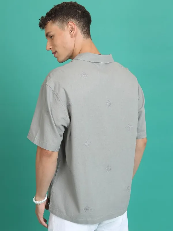 Highlander Men Grey Embroidered Oversized Fit Casual Shirt