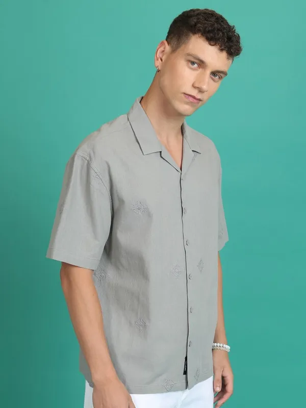 Highlander Men Grey Embroidered Oversized Fit Casual Shirt