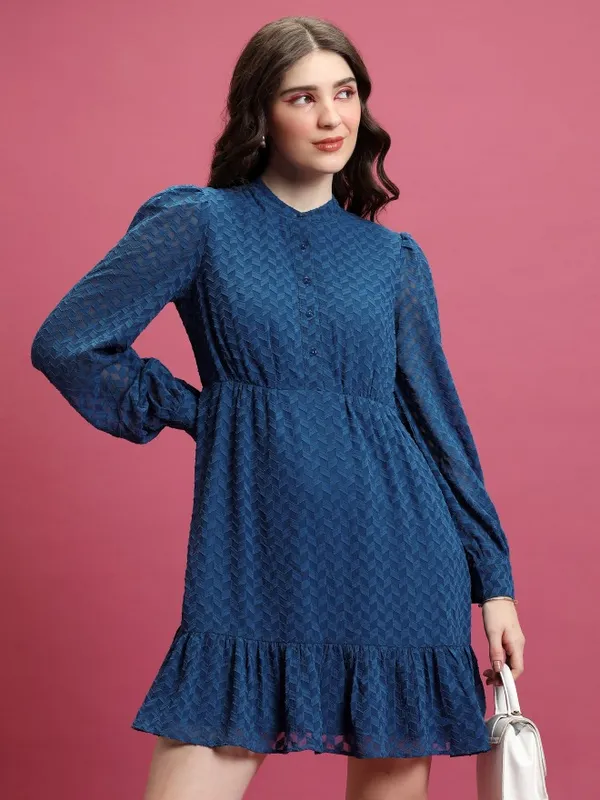  Tokyo Talkies Women Blue Self Design A-Line Dresses