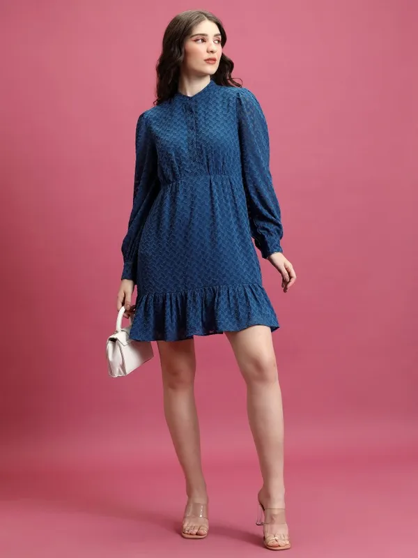  Tokyo Talkies Women Blue Self Design A-Line Dresses