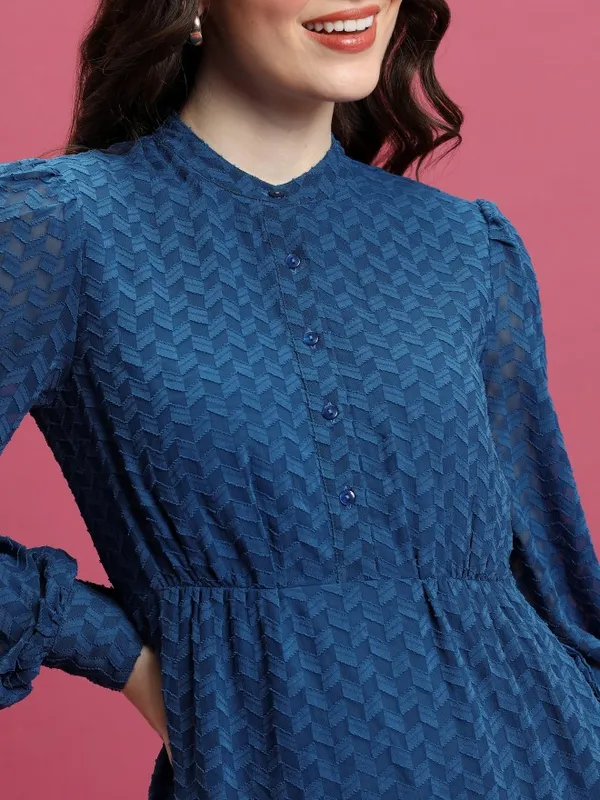  Tokyo Talkies Women Blue Self Design A-Line Dresses