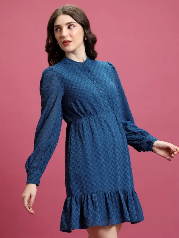  Tokyo Talkies Women Blue Self Design A-Line Dresses