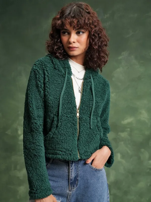  Tokyo Talkies Women Teal Solid Pullover Hood Sweatshirts