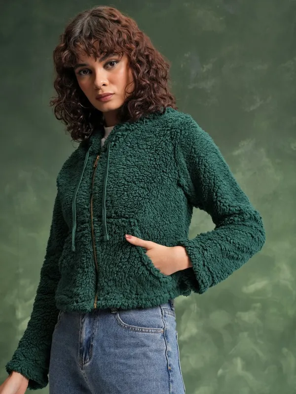 Tokyo Talkies Women Teal Solid Pullover Hood Sweatshirts