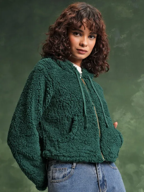 Tokyo Talkies Women Teal Solid Pullover Hood Sweatshirts