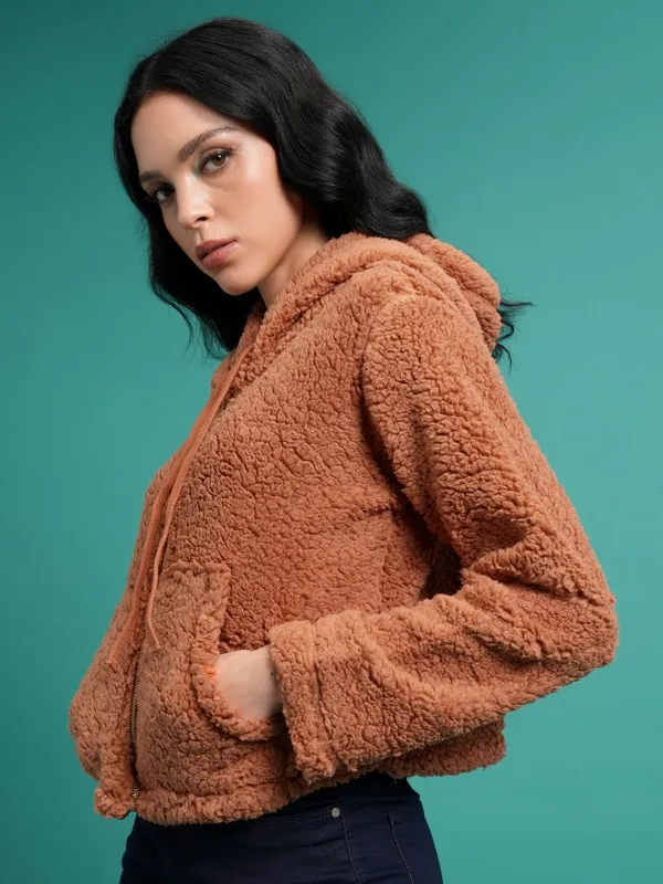  Tokyo Talkies Women Brown Solid Pullover Hood Sweatshirts