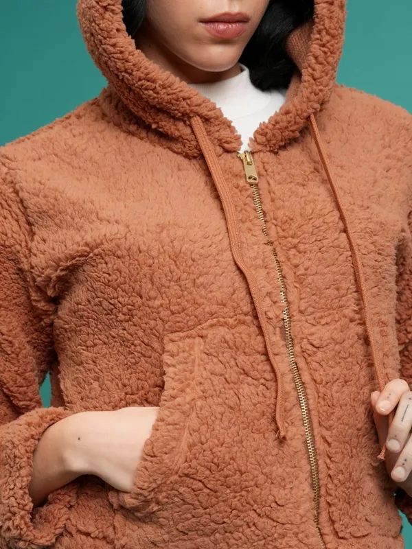  Tokyo Talkies Women Brown Solid Pullover Hood Sweatshirts