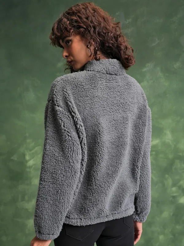  Tokyo Talkies Women Grey Self Design Pullover High Neck Sweatshirts