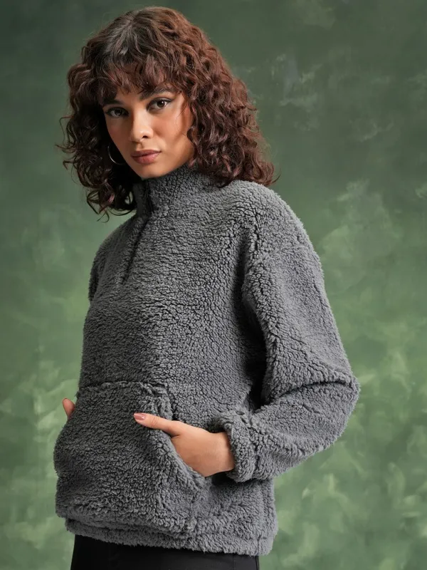  Tokyo Talkies Women Grey Self Design Pullover High Neck Sweatshirts