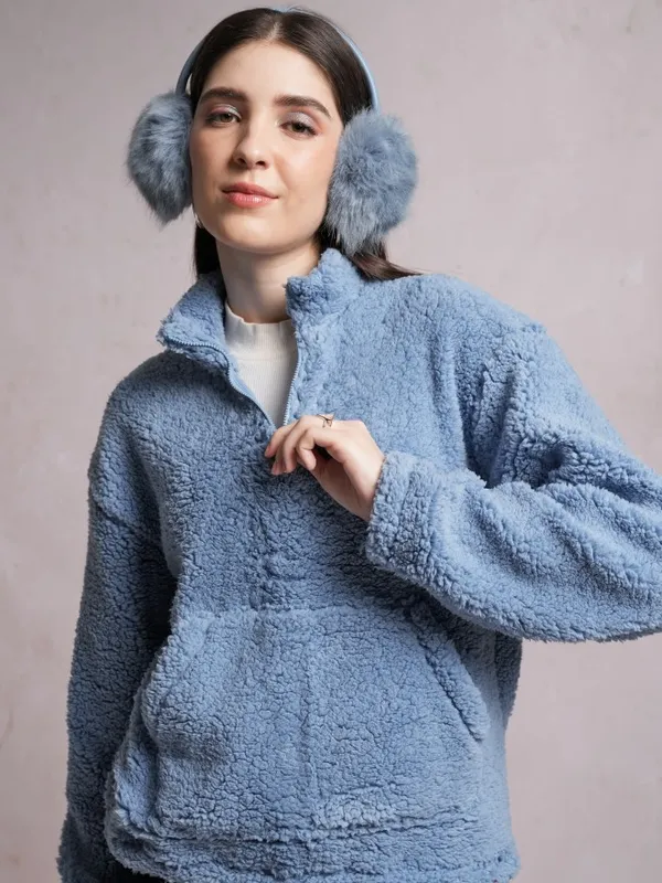  Tokyo Talkies Women Blue Solid Pullover High Neck Sweatshirts