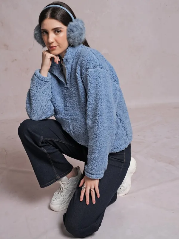  Tokyo Talkies Women Blue Solid Pullover High Neck Sweatshirts