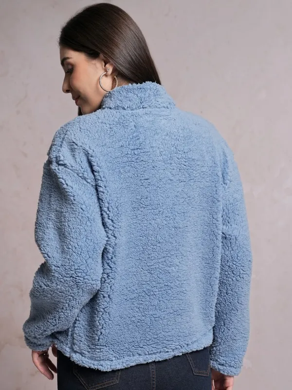  Tokyo Talkies Women Blue Solid Pullover High Neck Sweatshirts