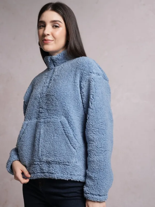  Tokyo Talkies Women Blue Solid Pullover High Neck Sweatshirts