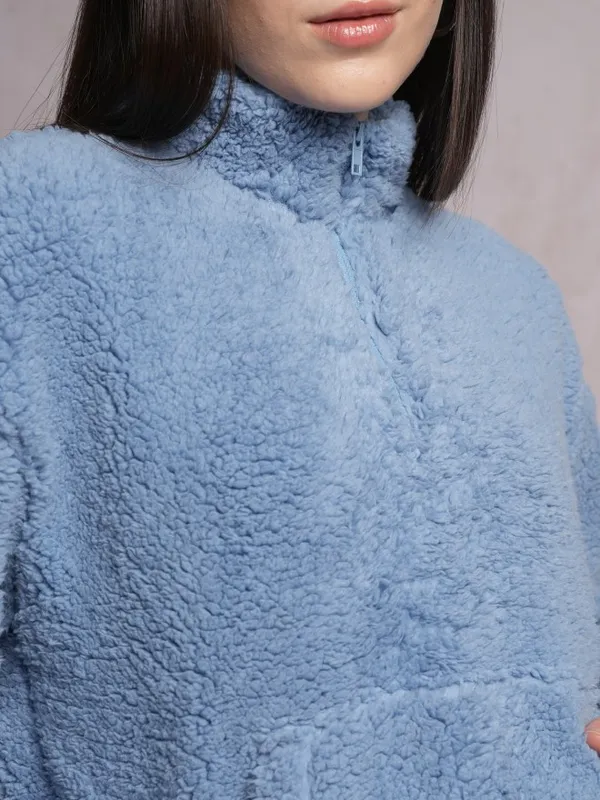  Tokyo Talkies Women Blue Solid Pullover High Neck Sweatshirts