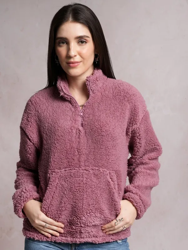  Tokyo Talkies Women Pink Solid Pullover High Neck Sweatshirts