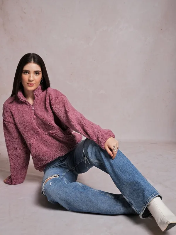  Tokyo Talkies Women Pink Solid Pullover High Neck Sweatshirts