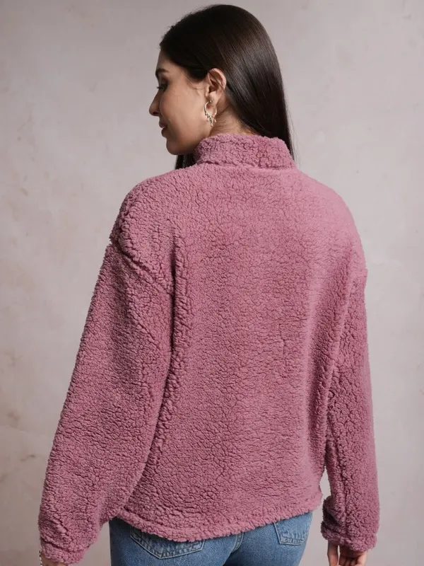  Tokyo Talkies Women Pink Solid Pullover High Neck Sweatshirts
