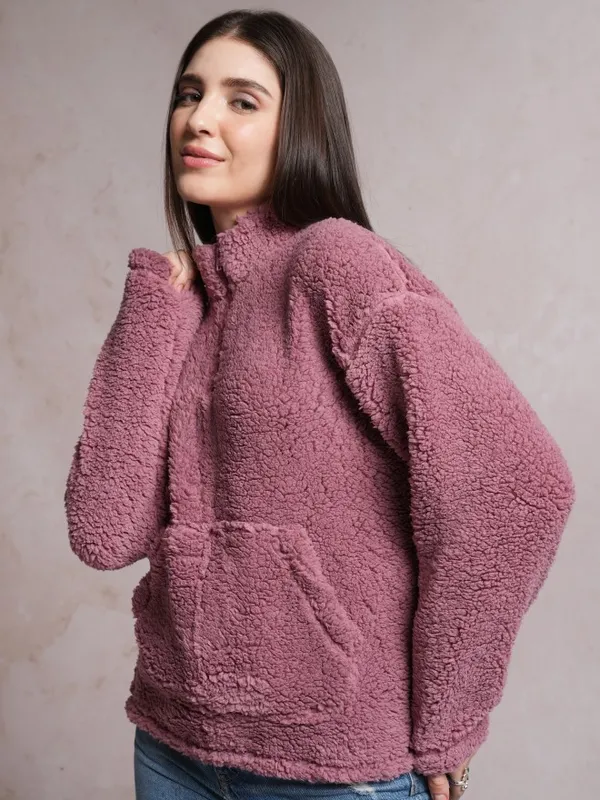  Tokyo Talkies Women Pink Solid Pullover High Neck Sweatshirts