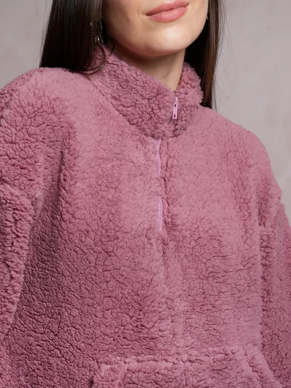  Tokyo Talkies Women Pink Solid Pullover High Neck Sweatshirts