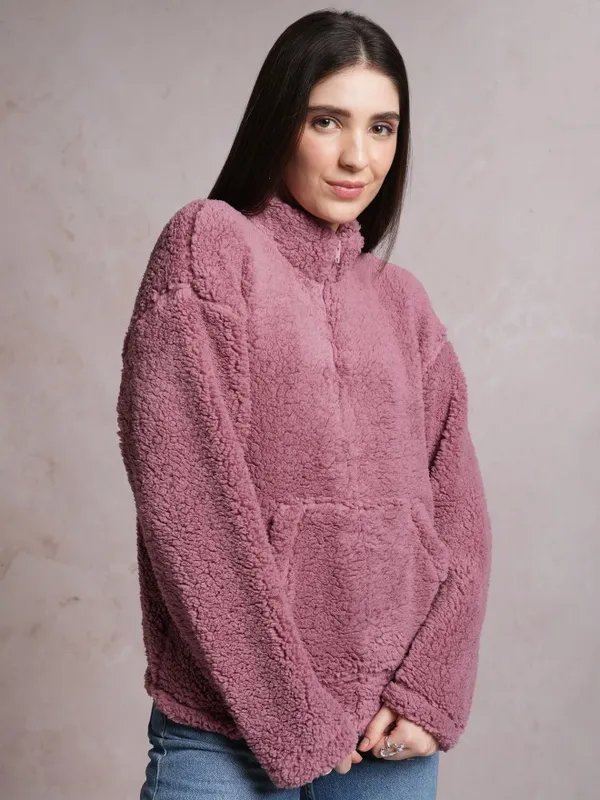  Tokyo Talkies Women Pink Solid Pullover High Neck Sweatshirts