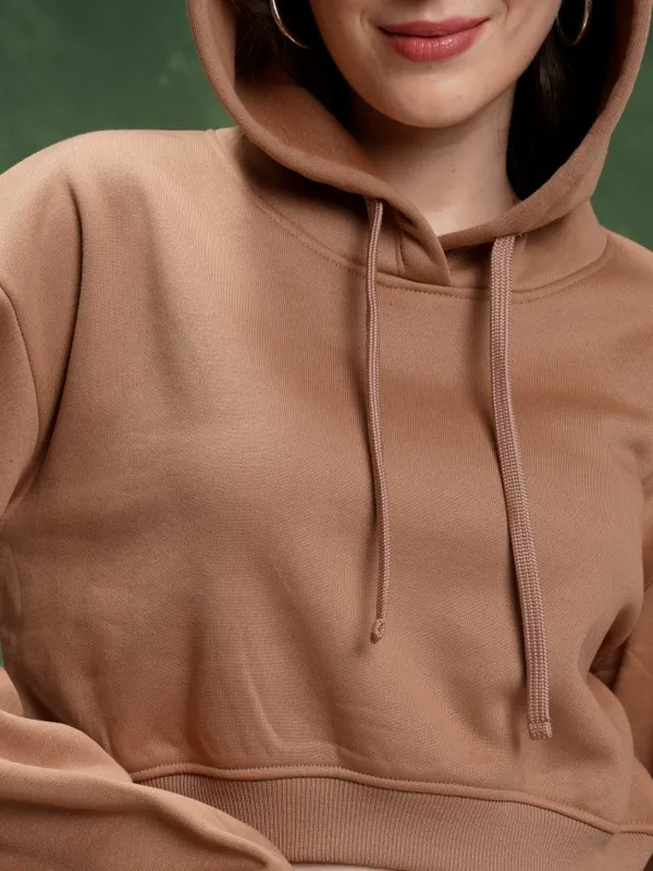  Tokyo Talkies Women Brown Solid Pullover Hood Sweatshirts