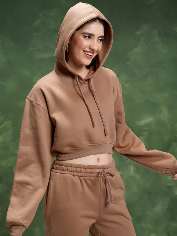  Tokyo Talkies Women Brown Solid Pullover Hood Sweatshirts