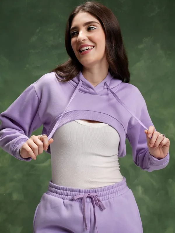 Tokyo Talkies Women Lavender Solid Pullover Hood Sweatshirts