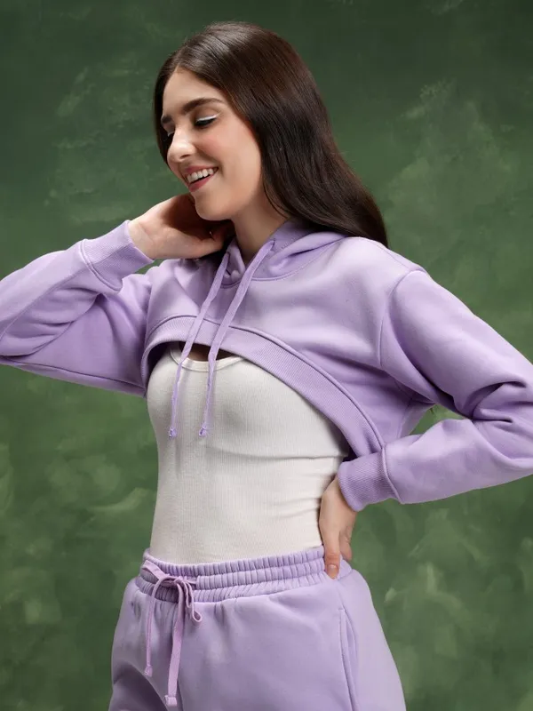  Tokyo Talkies Women Lavender Solid Pullover Hood Sweatshirts