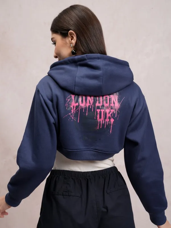  Tokyo Talkies Women Navy Blue Printed Pullover Hood Sweatshirts