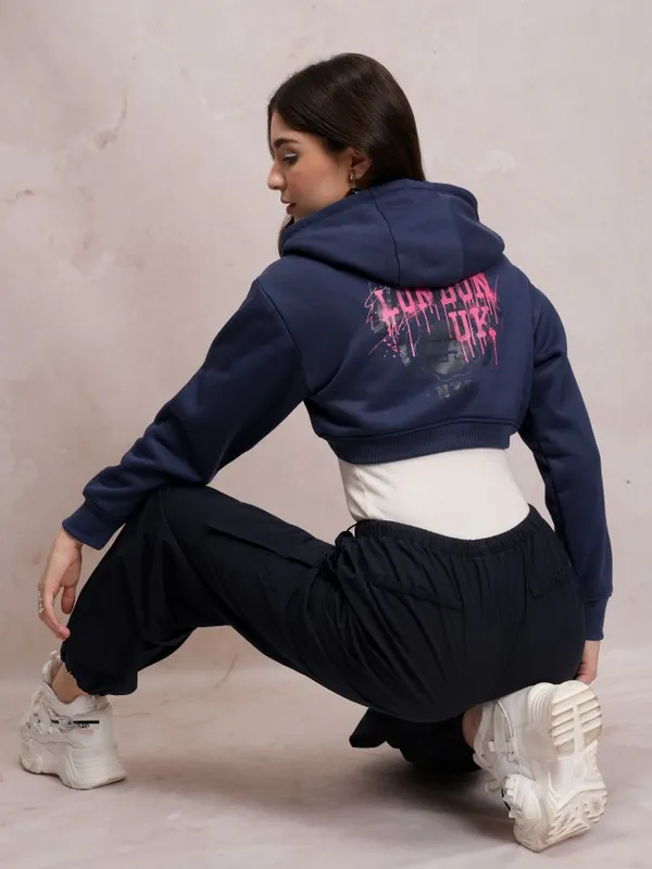  Tokyo Talkies Women Navy Blue Printed Pullover Hood Sweatshirts
