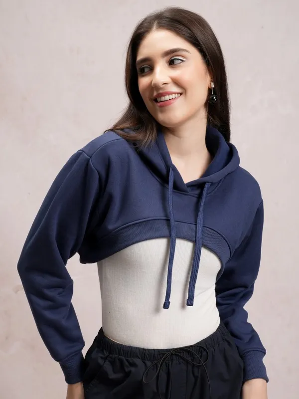  Tokyo Talkies Women Navy Blue Printed Pullover Hood Sweatshirts