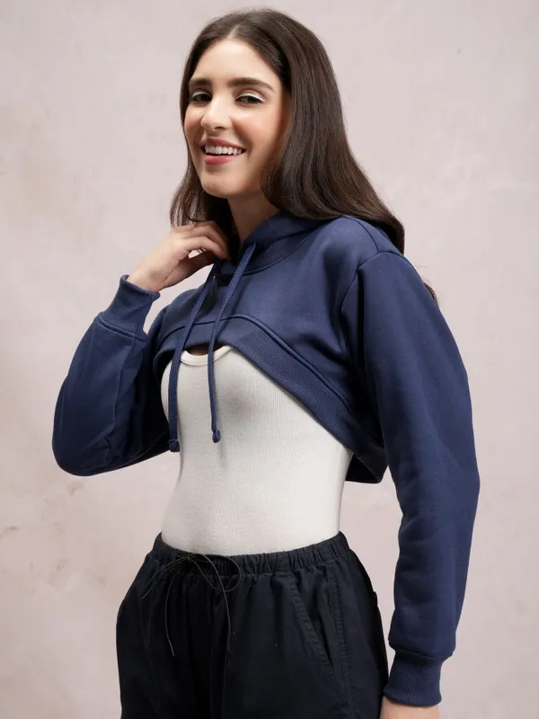  Tokyo Talkies Women Navy Blue Printed Pullover Hood Sweatshirts