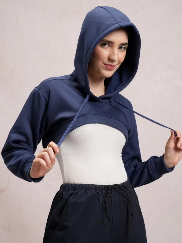  Tokyo Talkies Women Navy Blue Printed Pullover Hood Sweatshirts