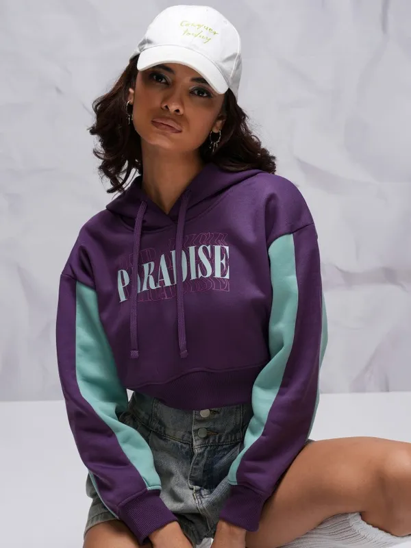  Tokyo Talkies Women Purple Printed Pullover Hood Sweatshirts