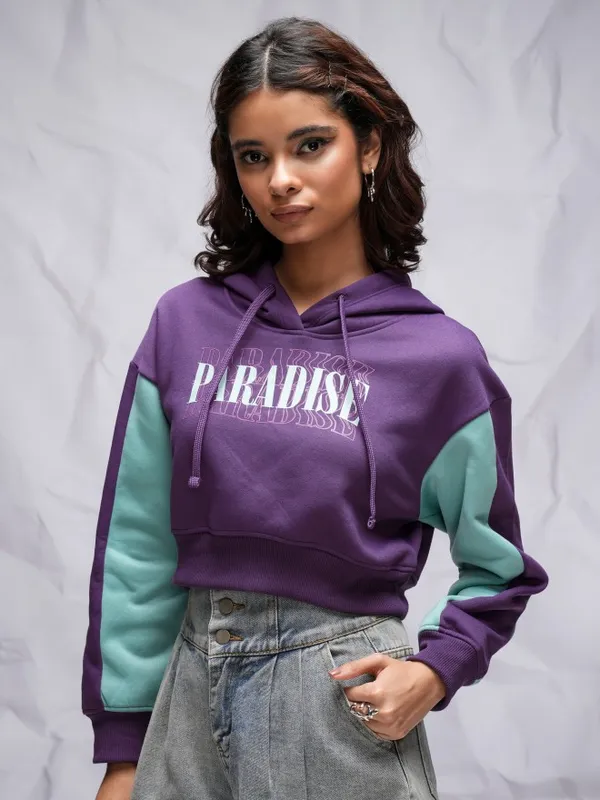  Tokyo Talkies Women Purple Printed Pullover Hood Sweatshirts