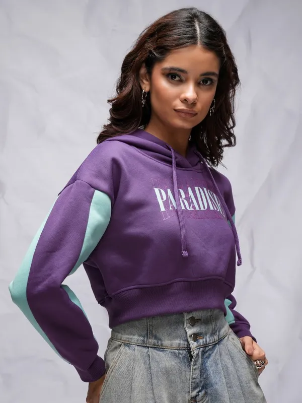  Tokyo Talkies Women Purple Printed Pullover Hood Sweatshirts