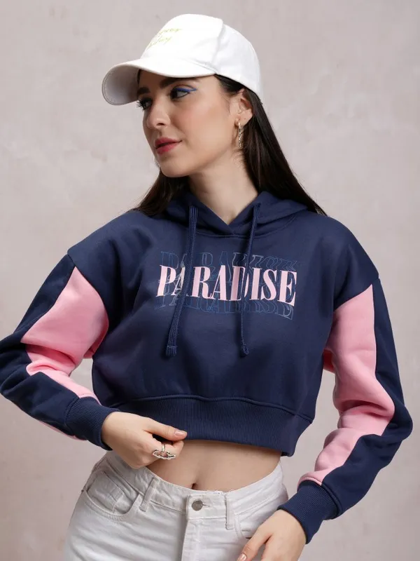  Tokyo Talkies Women Navy Blue Printed Pullover Hood Sweatshirts