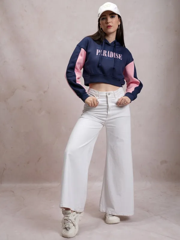  Tokyo Talkies Women Navy Blue Printed Pullover Hood Sweatshirts