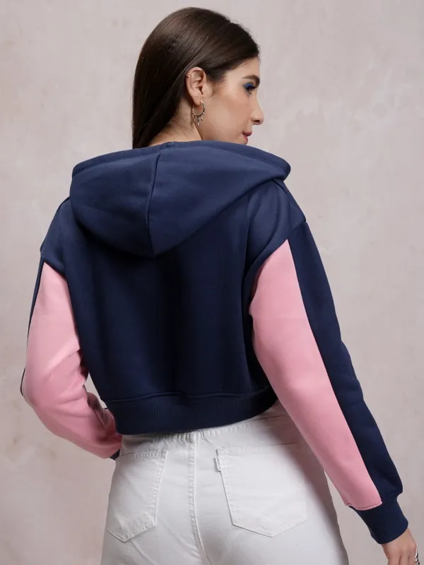  Tokyo Talkies Women Navy Blue Printed Pullover Hood Sweatshirts