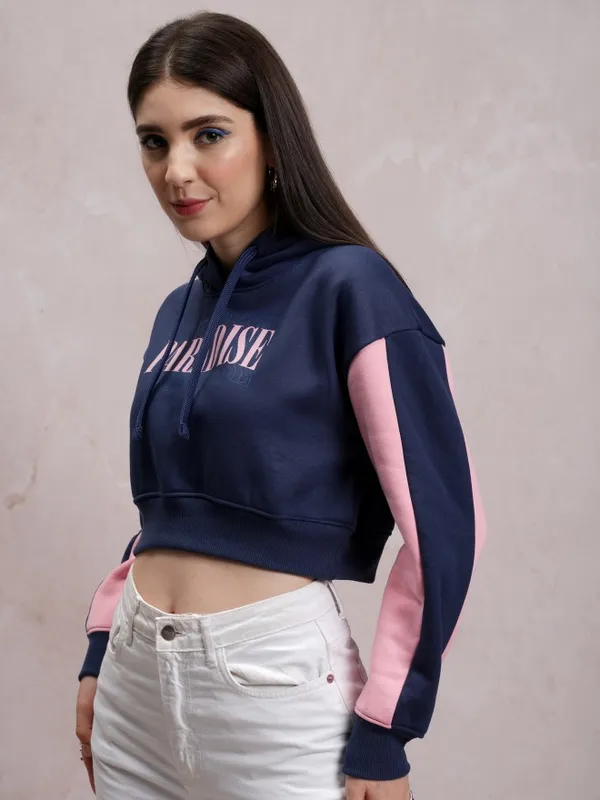  Tokyo Talkies Women Navy Blue Printed Pullover Hood Sweatshirts