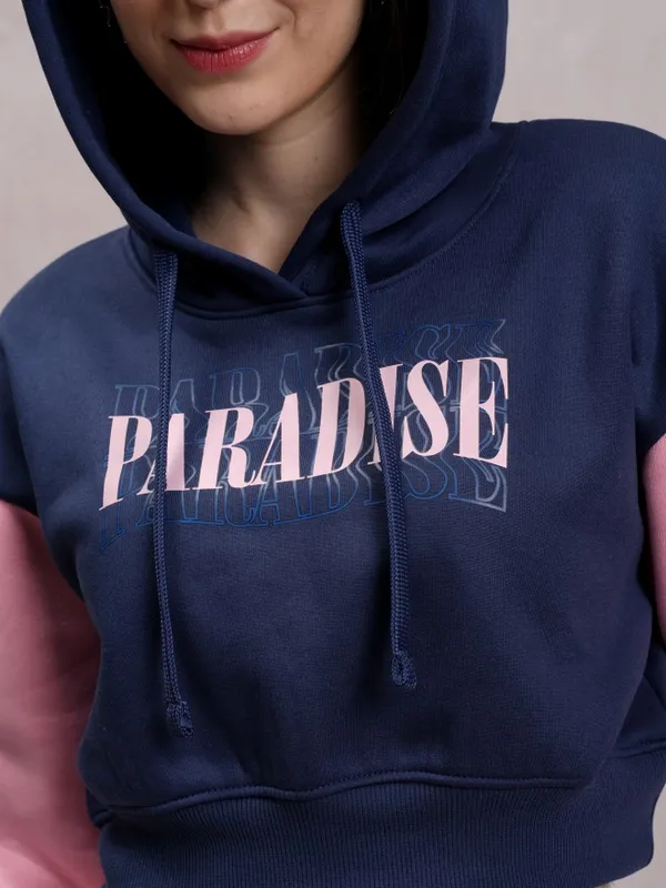  Tokyo Talkies Women Navy Blue Printed Pullover Hood Sweatshirts