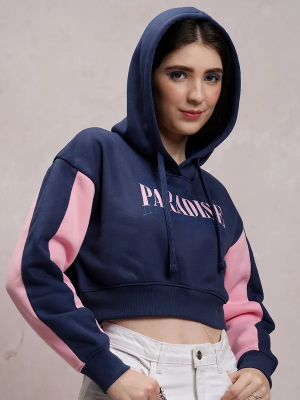  Tokyo Talkies Women Navy Blue Printed Pullover Hood Sweatshirts